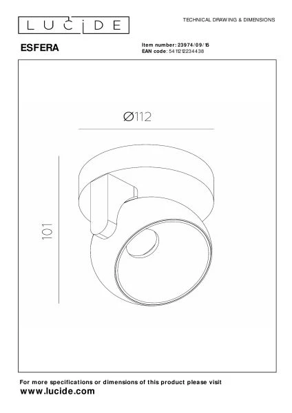 Lucide Premium ESFERA - Plafondspot - Ø 11,2 cm - LED Dimb. - 1x11W 2700K - Grijs ijzer - technisch